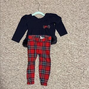 Janie and Jack 18-24M red tartan leggings and long sleeve top fur trim